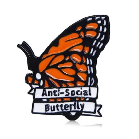 Anti Social Butterfly Pin Brooch Bag Metal Badge Backpack People Whimsical Fun - Picture 2 of 3